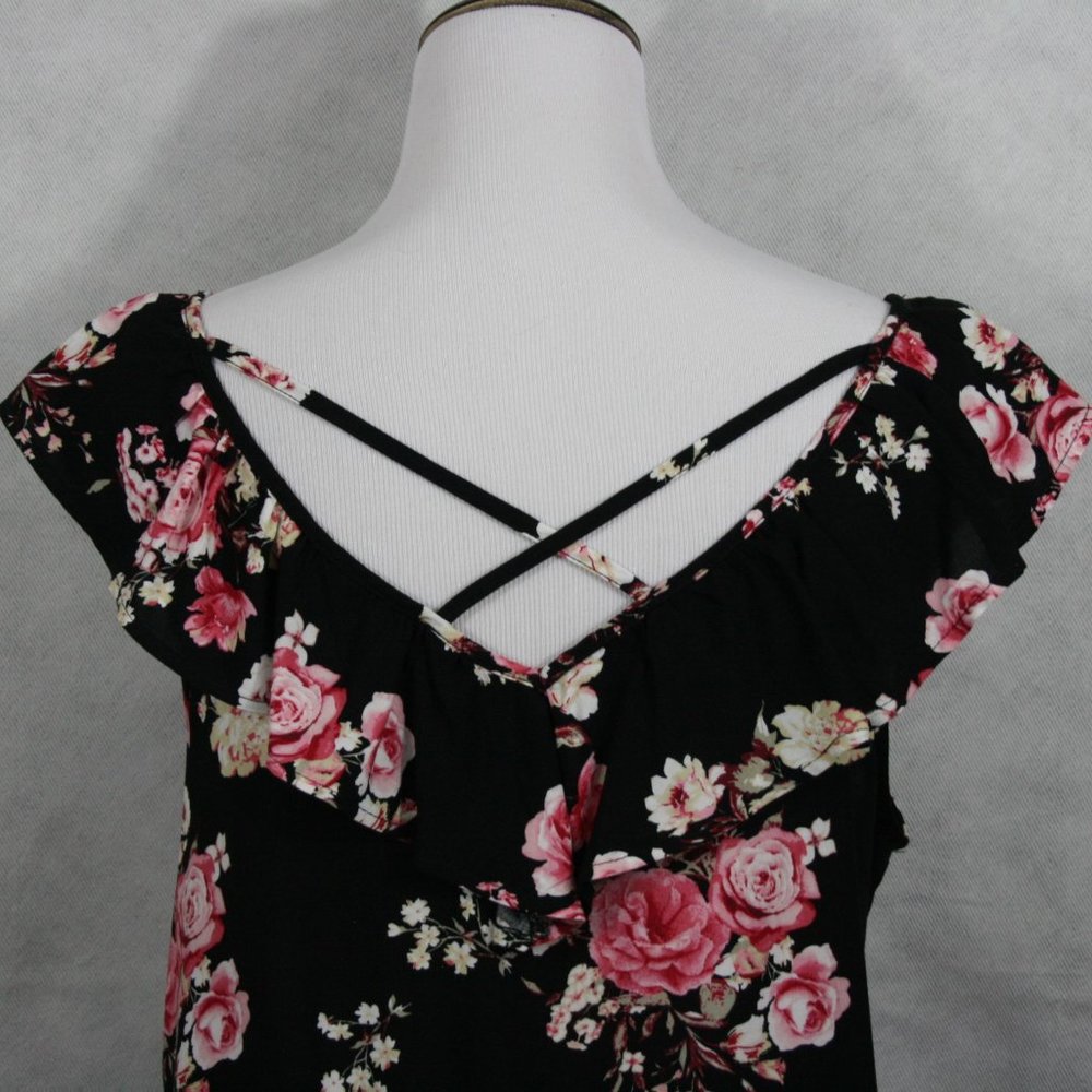 No Boundaries Multi Color Floral Rayon Blouse w/ Ruffle Collar Trim SZ M EUC - Picture 5 of 8